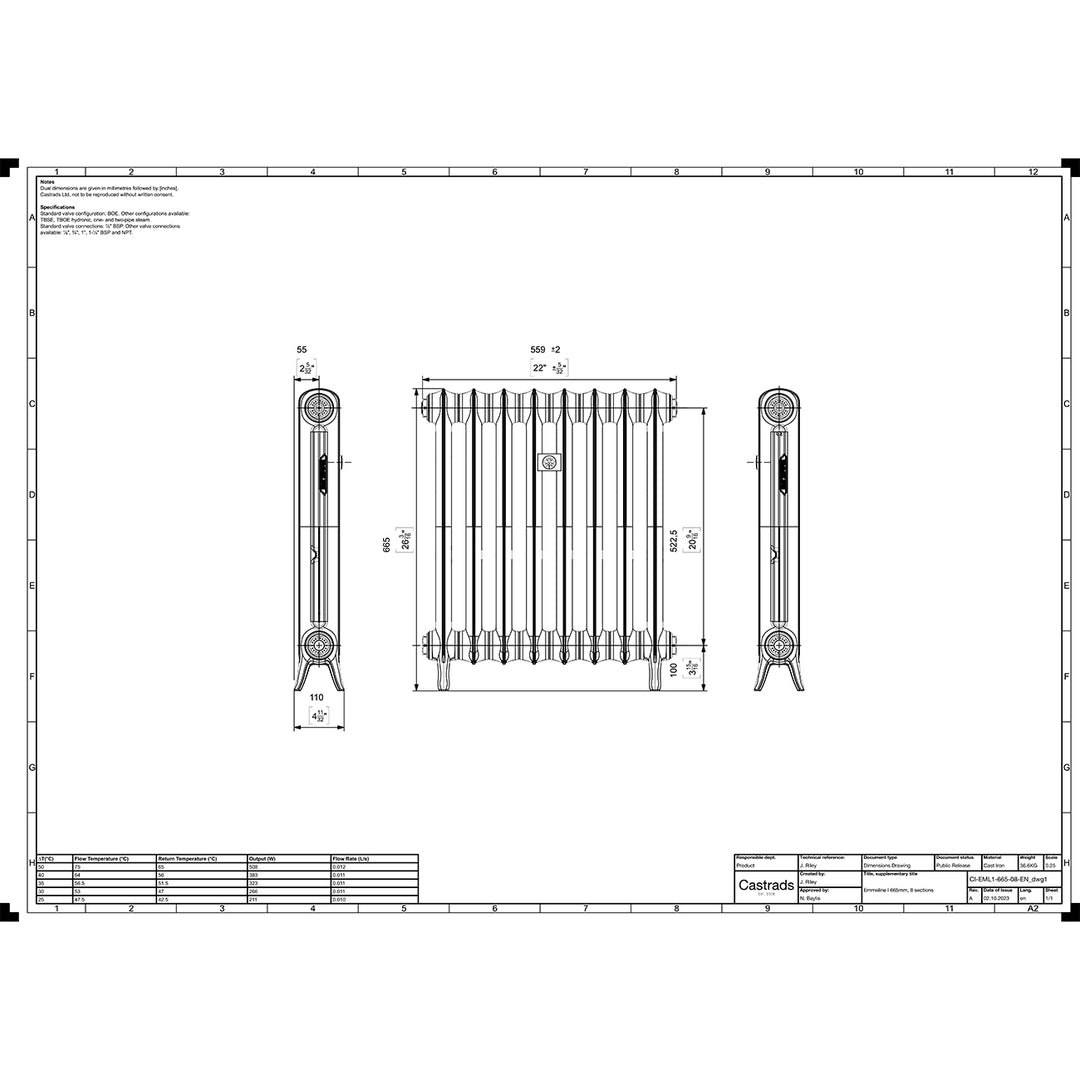 Emmeline 665mm high x 562mm wide 1 column floor standing cast iron column radiator technical drawing showing dimensions, installation measurements and specifications.