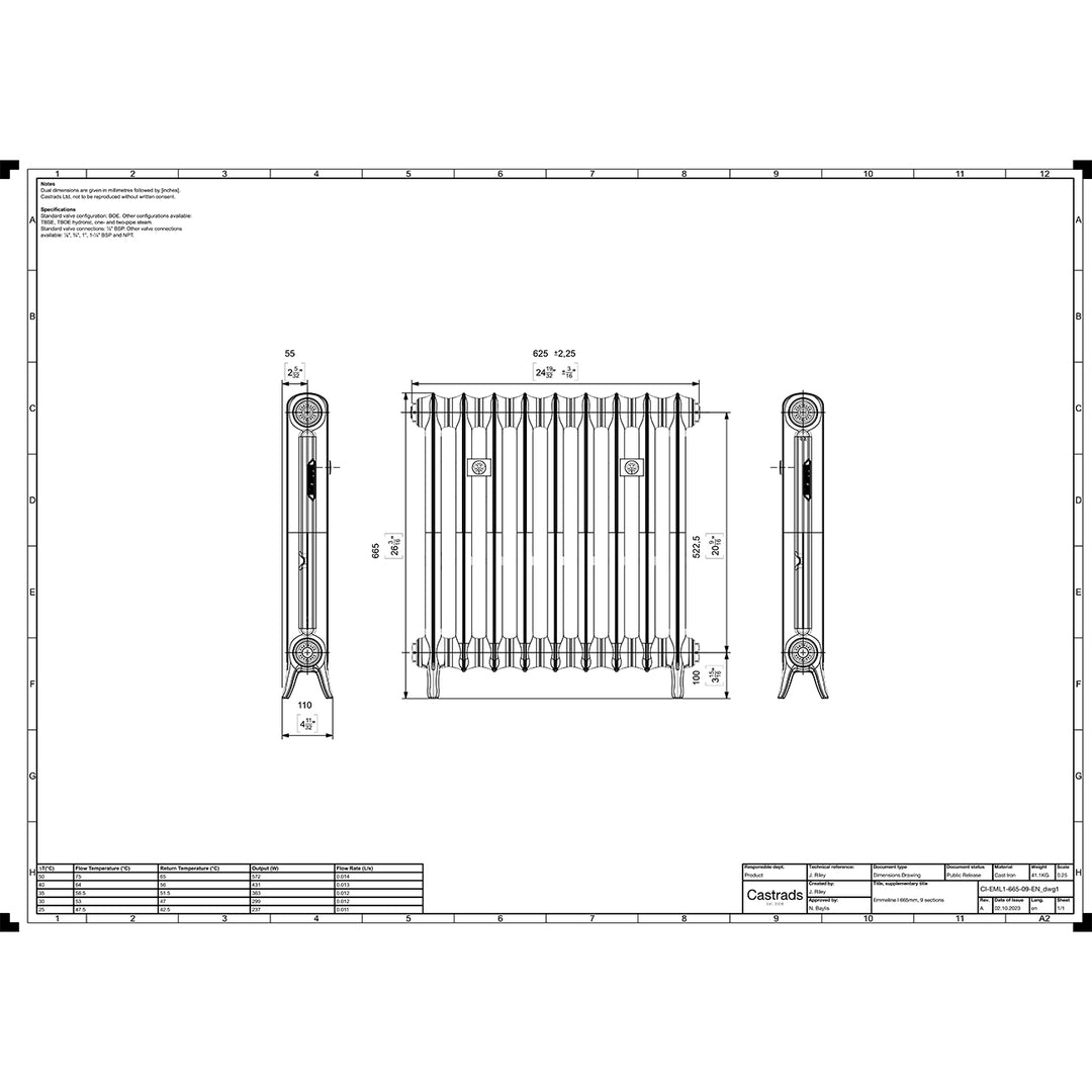 Emmeline 665mm high x 629mm wide 1 column floor standing cast iron column radiator technical drawing showing dimensions, installation measurements and specifications.