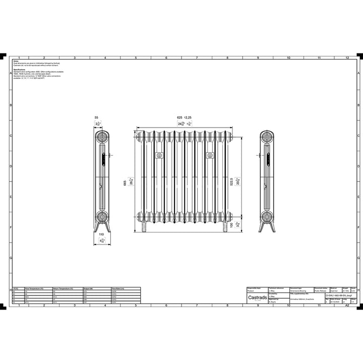 Emmeline 665mm high x 629mm wide 1 column floor standing cast iron column radiator technical drawing showing dimensions, installation measurements and specifications.