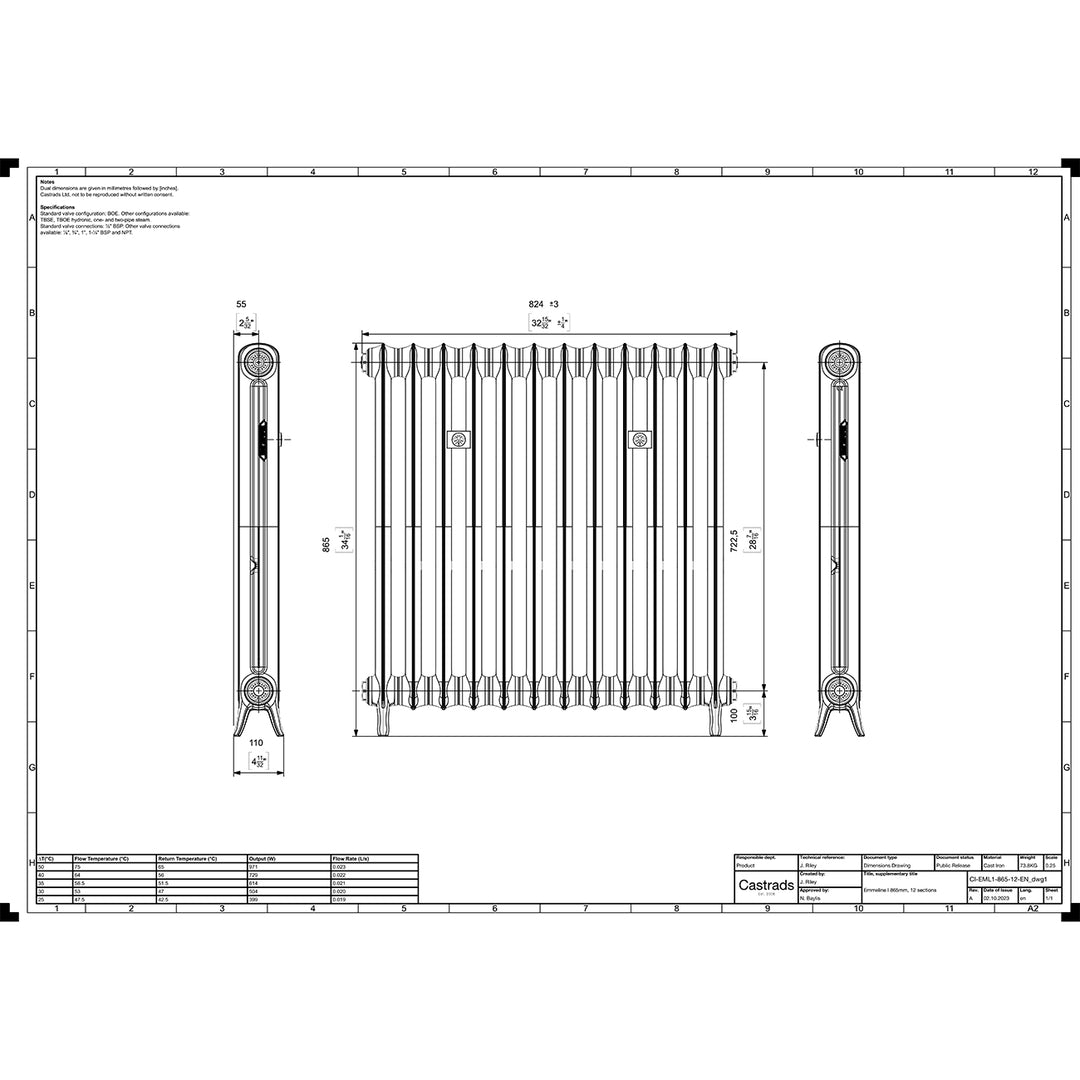 Emmeline 865mm high x 828mm wide 1 column floor standing cast iron column radiator technical drawing showing dimensions, installation measurements and specifications.