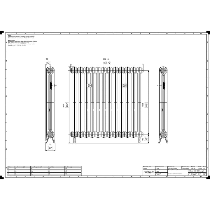 Emmeline 865mm high x 828mm wide 1 column floor standing cast iron column radiator technical drawing showing dimensions, installation measurements and specifications.