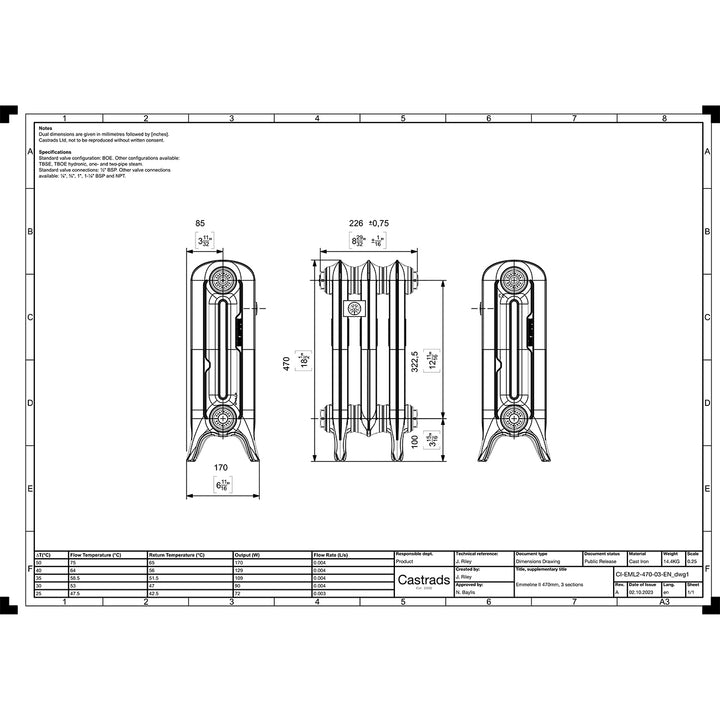 Emmeline 470mm high x 230mm wide 2 column floor standing cast iron column radiator technical drawing showing dimensions, installation measurements and specifications.