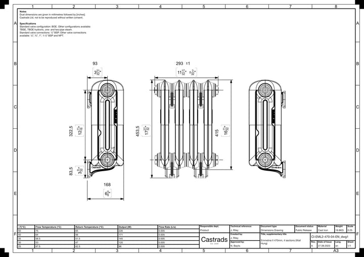 Emmeline II - Pebble Grey Cast Iron Column Radiator H413mm x W296mm 2 Column - Wall Hung