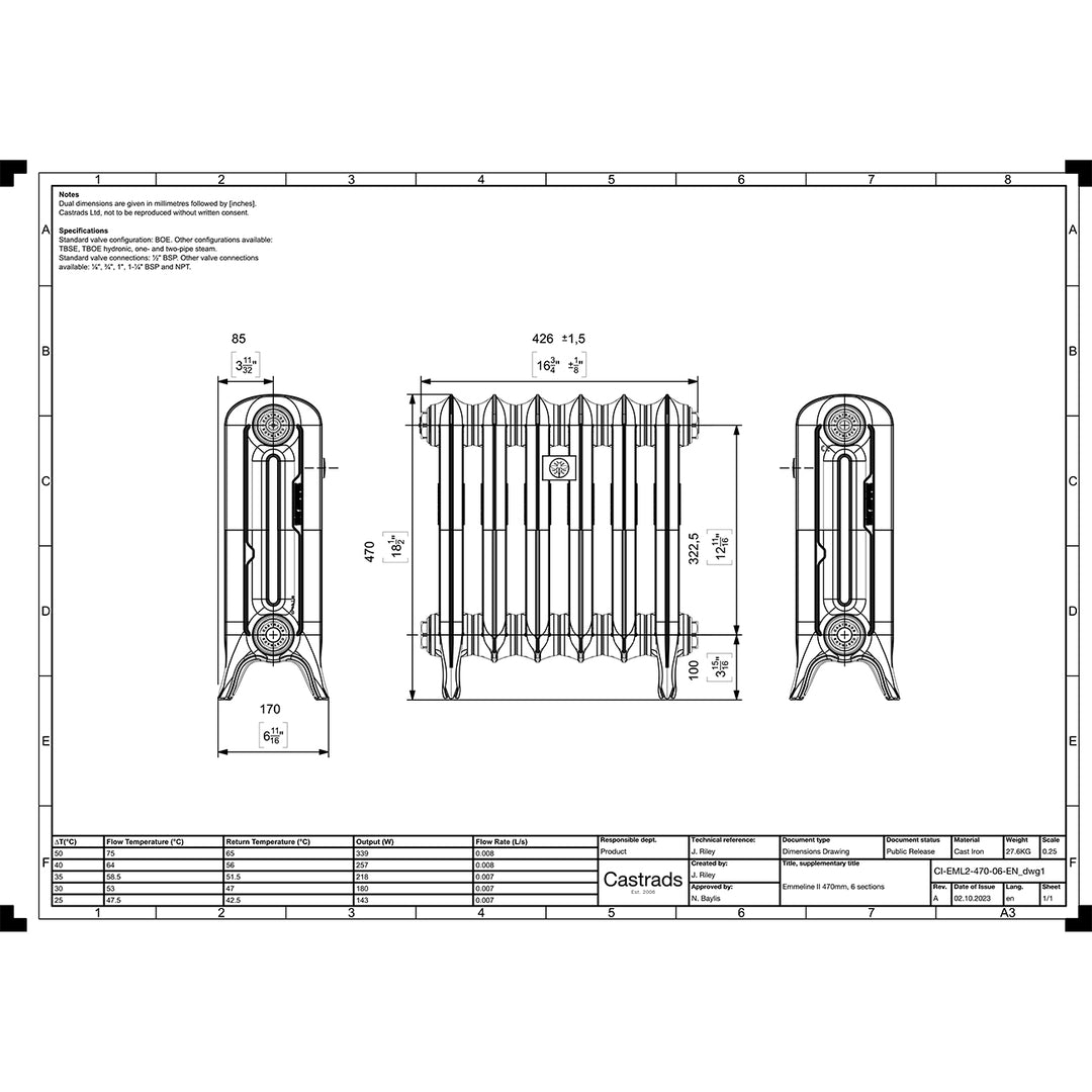 Emmeline 470mm high x 429mm wide 2 column floor standing cast iron column radiator technical drawing showing dimensions, installation measurements and specifications.