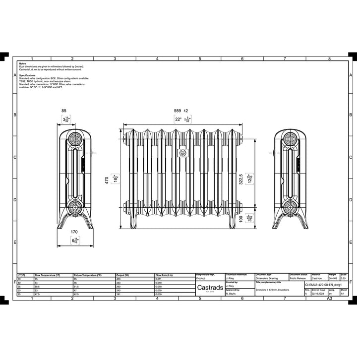 Emmeline II - Ceramic White Cast Iron Column Radiator H470mm x W562mm 2 Column - Floor Standing