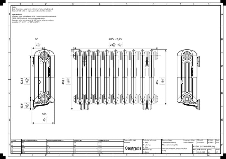 Emmeline II - Pebble Grey Cast Iron Column Radiator H413mm x W629mm 2 Column - Wall Hung
