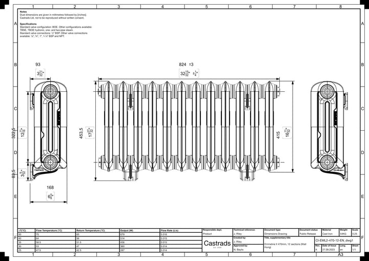 Emmeline II - Pebble Grey Cast Iron Column Radiator H413mm x W828mm 2 Column - Wall Hung
