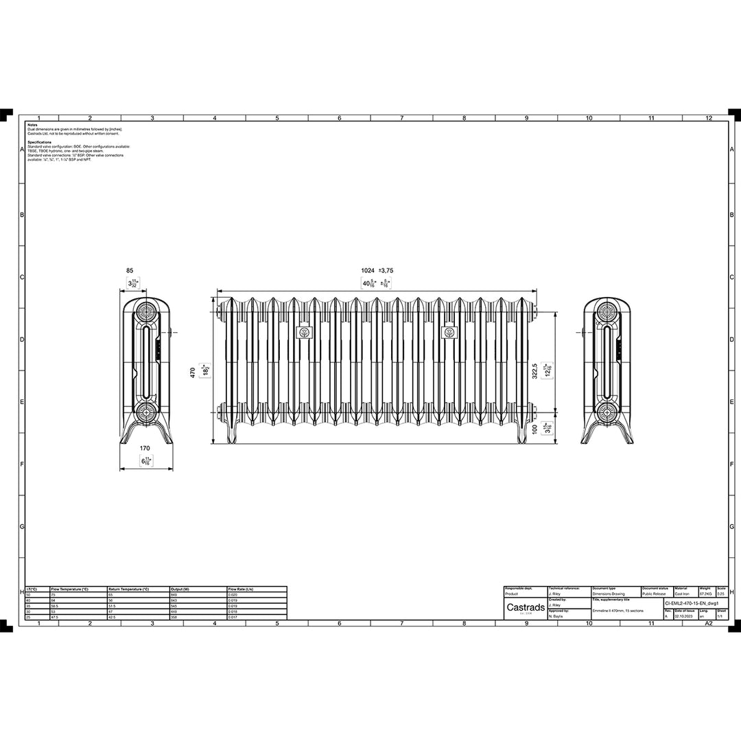 Emmeline 470mm high x 1028mm wide 2 column floor standing cast iron column radiator technical drawing showing dimensions, installation measurements and specifications.