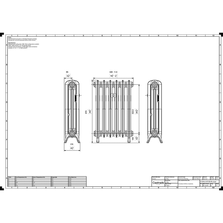 Emmeline 670mm high x 429mm wide 2 column floor standing cast iron column radiator technical drawing showing dimensions, installation measurements and specifications.