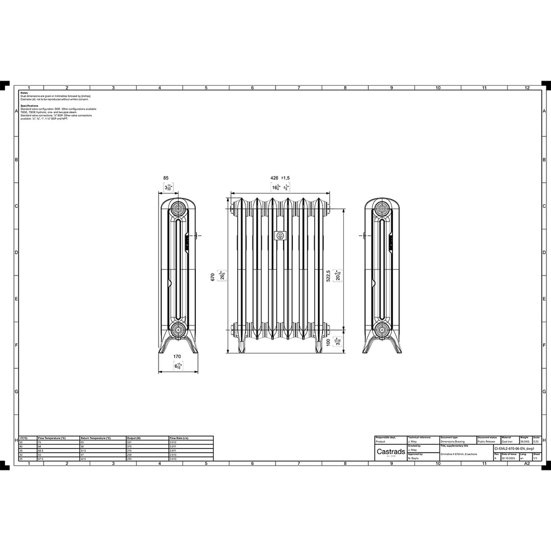 Emmeline 670mm high x 429mm wide 2 column floor standing cast iron column radiator technical drawing showing dimensions, installation measurements and specifications.