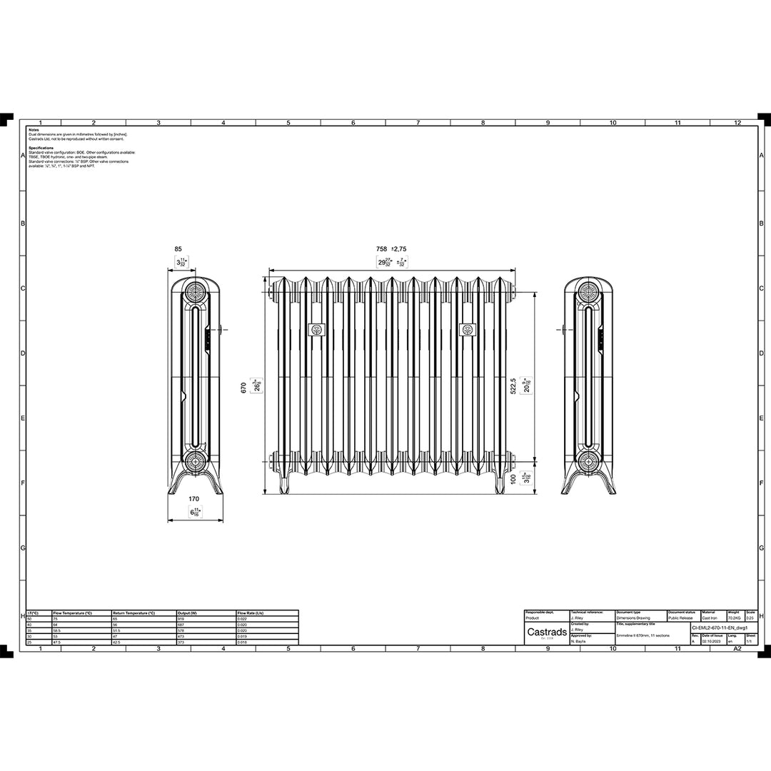 Emmeline 670mm high x 762mm wide 2 column floor standing cast iron column radiator technical drawing showing dimensions, installation measurements and specifications.