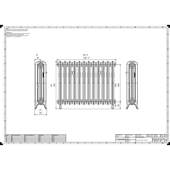 Emmeline 670mm high x 828mm wide 2 column floor standing cast iron column radiator technical drawing showing dimensions, installation measurements and specifications.
