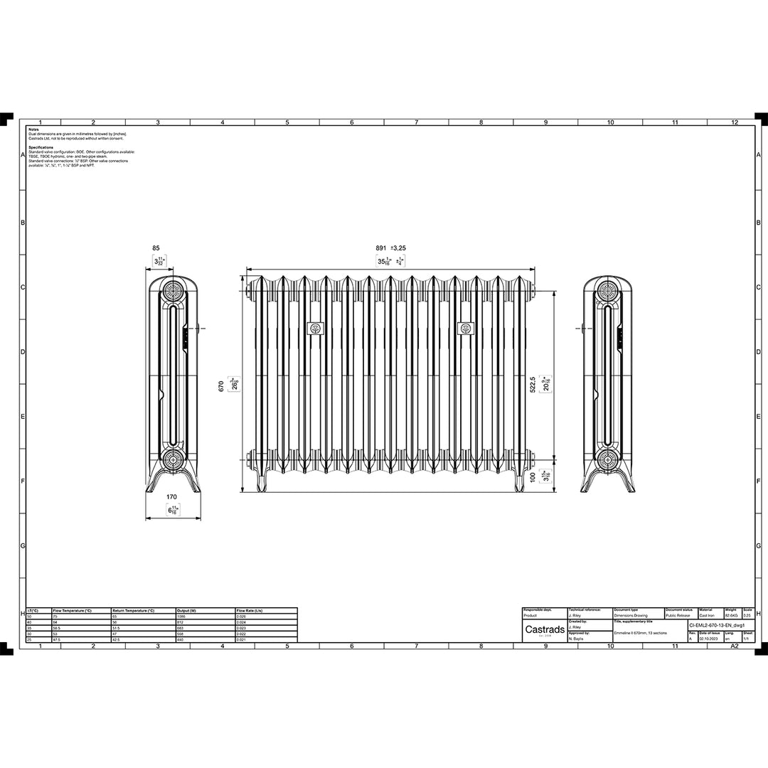 Emmeline 670mm high x 895mm wide 2 column floor standing cast iron column radiator technical drawing showing dimensions, installation measurements and specifications.
