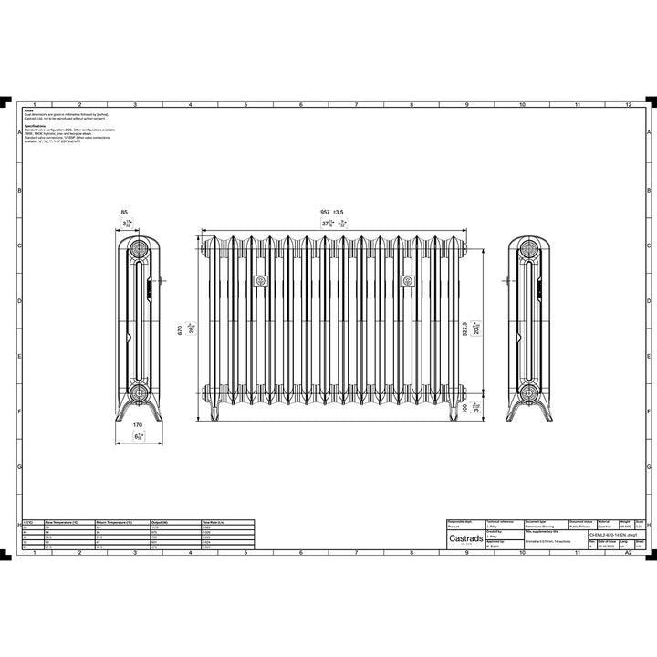 Emmeline 670mm high x 961mm wide 2 column floor standing cast iron column radiator technical drawing showing dimensions, installation measurements and specifications.