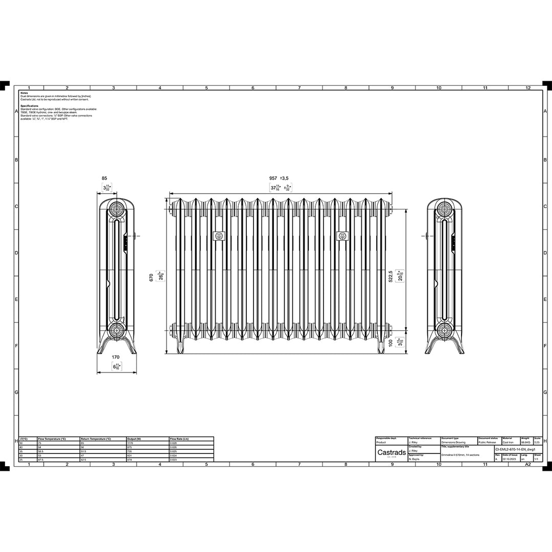 Emmeline 670mm high x 961mm wide 2 column floor standing cast iron column radiator technical drawing showing dimensions, installation measurements and specifications.