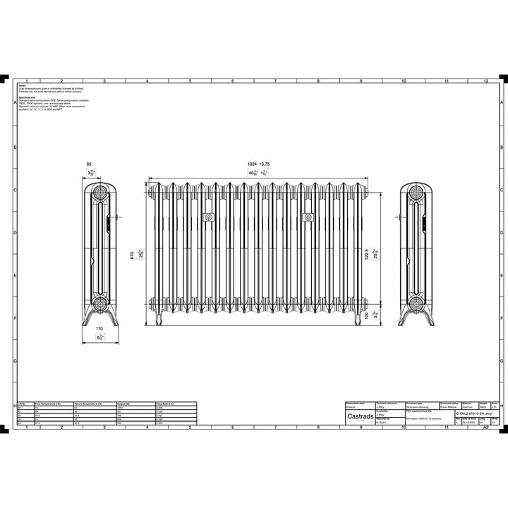 Emmeline 670mm high x 1028mm wide 2 column floor standing cast iron column radiator technical drawing showing dimensions, installation measurements and specifications.