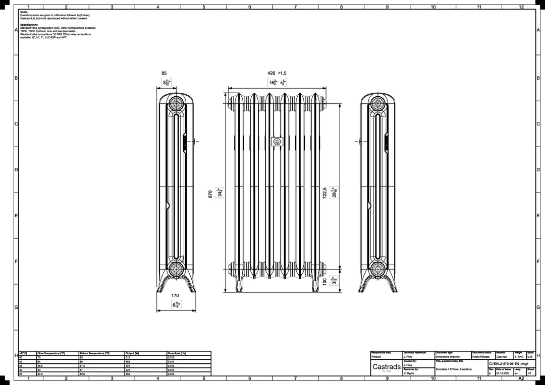 Emmeline 870mm high x 429mm wide 2 column floor standing cast iron column radiator technical drawing showing dimensions, installation measurements and specifications.