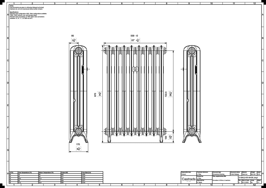 Emmeline 870mm high x 562mm wide 2 column floor standing cast iron column radiator technical drawing showing dimensions, installation measurements and specifications.