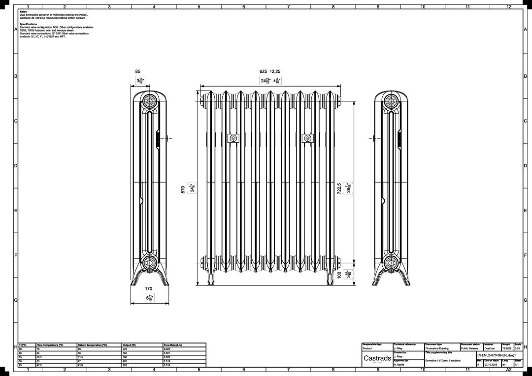 Emmeline 870mm high x 629mm wide 2 column floor standing cast iron column radiator technical drawing showing dimensions, installation measurements and specifications.