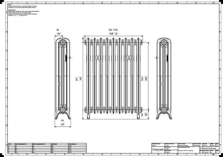Emmeline 870mm high x 629mm wide 2 column floor standing cast iron column radiator technical drawing showing dimensions, installation measurements and specifications.