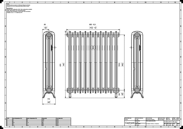Emmeline 870mm high x 695mm wide 2 column floor standing cast iron column radiator technical drawing showing dimensions, installation measurements and specifications.