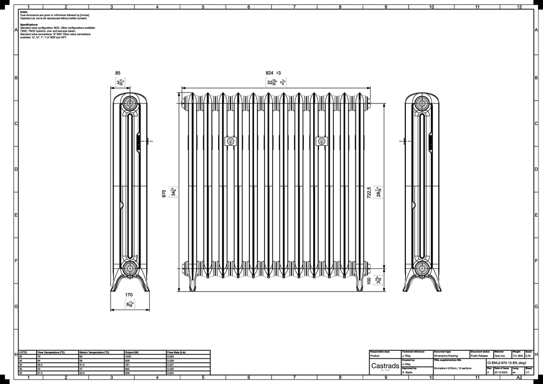 Emmeline 870mm high x 828mm wide 2 column floor standing cast iron column radiator technical drawing showing dimensions, installation measurements and specifications.