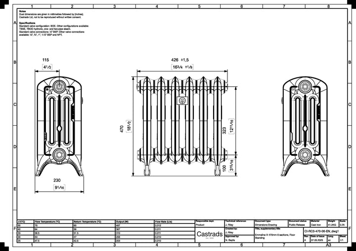 Emmeline III - Ceramic White Cast Iron Column Radiator H470mm x W429mm 3 Column - Floor Standing