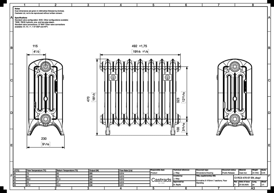 Emmeline 470mm high x 496mm wide 3 column floor standing cast iron column radiator technical drawing showing dimensions, installation measurements and specifications.