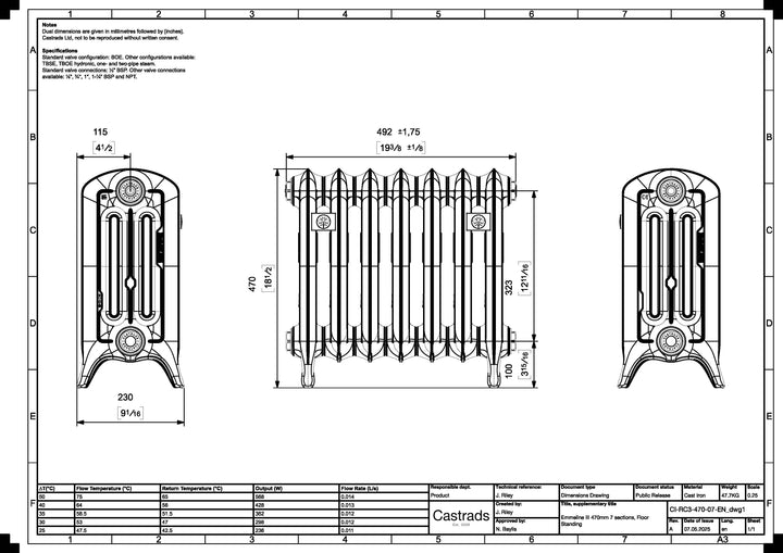 Emmeline III - Black Iron Cast Iron Column Radiator H470mm x W496mm 3 Column - Floor Standing