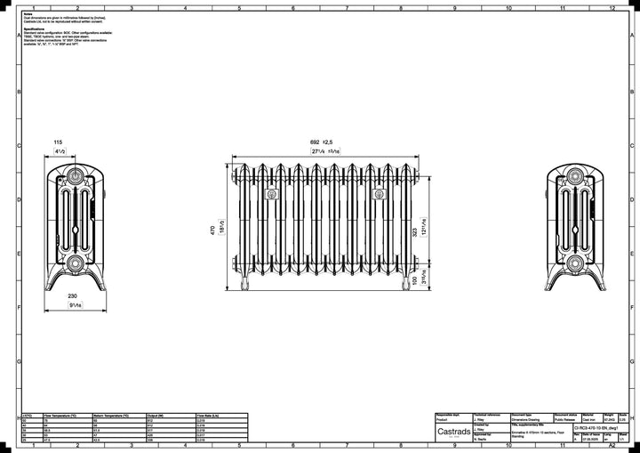 Emmeline 470mm high x 695mm wide 3 column floor standing cast iron column radiator technical drawing showing dimensions, installation measurements and specifications.