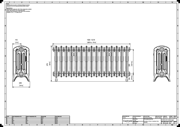 Emmeline 470mm high x 1028mm wide 3 column floor standing cast iron column radiator technical drawing showing dimensions, installation measurements and specifications.