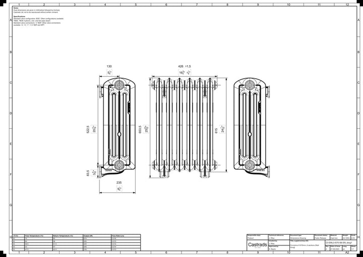 Emmeline III - Ceramic White Cast Iron Column Radiator H616mm x W429mm 3 Column - Wall Hung