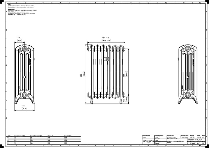 Emmeline 670mm high x 429mm wide 3 column floor standing cast iron column radiator technical drawing showing dimensions, installation measurements and specifications.