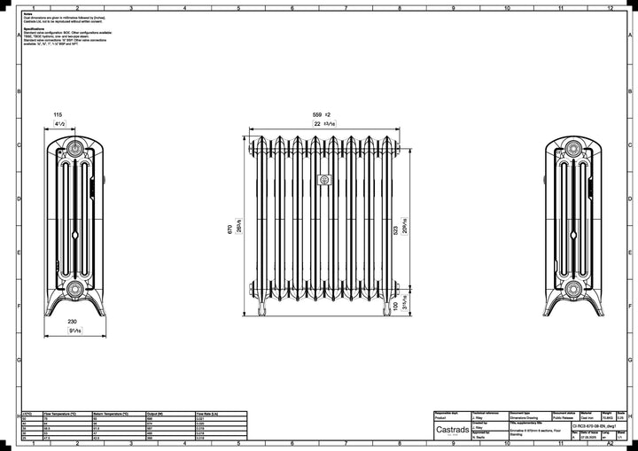 Emmeline III - Pebble Grey Cast Iron Column Radiator H670mm x W562mm 3 Column - Floor Standing