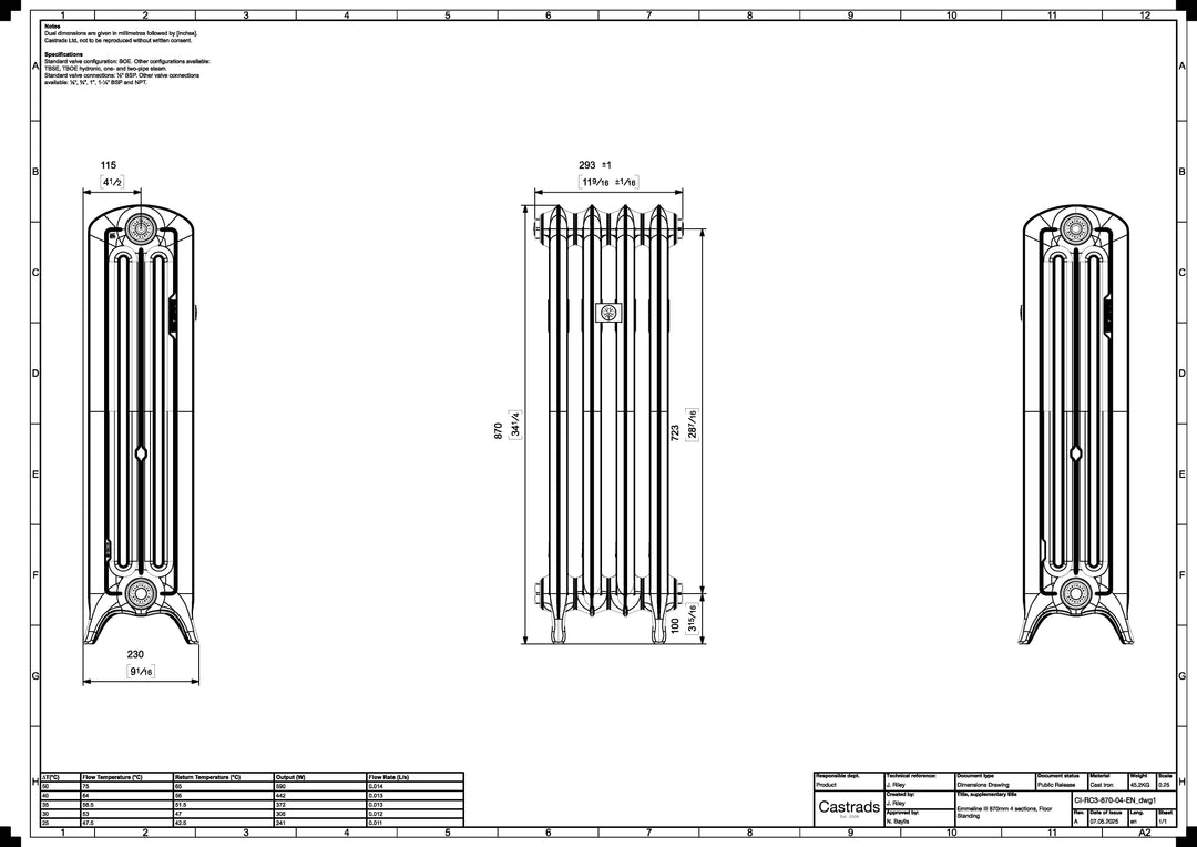 Emmeline 870mm high x 296mm wide 3 column floor standing cast iron column radiator technical drawing showing dimensions, installation measurements and specifications.