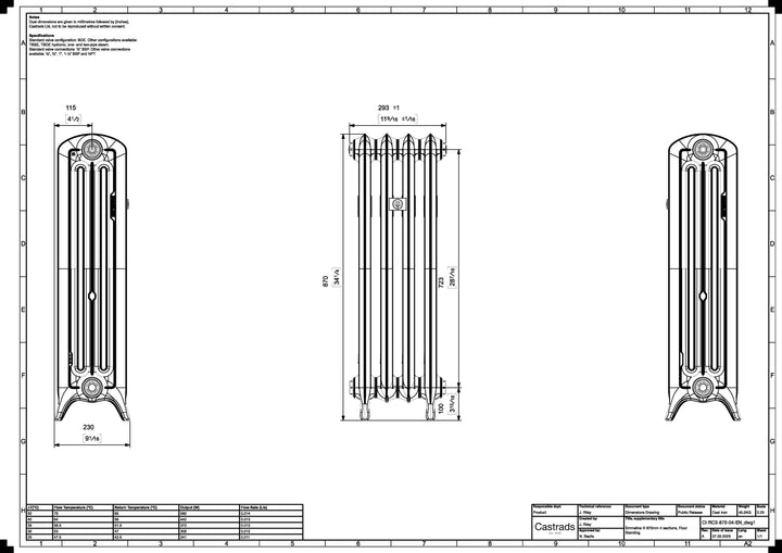 Emmeline 870mm high x 296mm wide 3 column floor standing cast iron column radiator technical drawing showing dimensions, installation measurements and specifications.