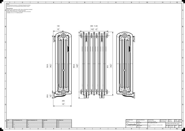Emmeline III - Ceramic White Cast Iron Column Radiator H816mm x W363mm 3 Column - Wall Hung