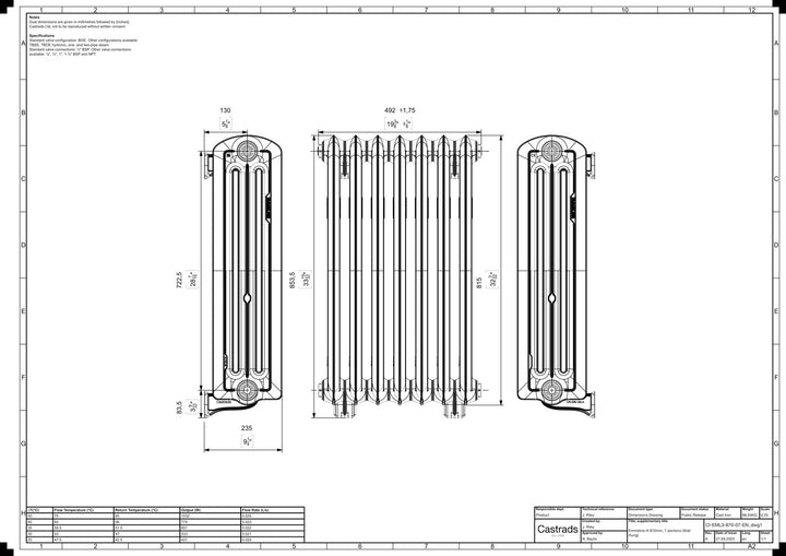 Emmeline III - Ceramic White Cast Iron Column Radiator H816mm x W496mm 3 Column - Wall Hung