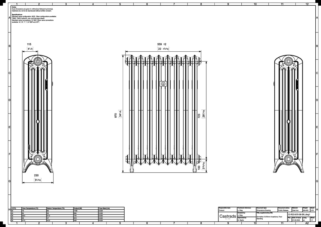 Emmeline 870mm high x 562mm wide 3 column floor standing cast iron column radiator technical drawing showing dimensions, installation measurements and specifications.