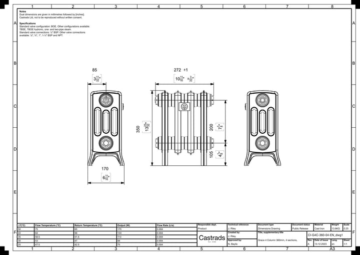 Grace - Anthracite Cast Iron Column Radiator H350mm x W272mm 4 Column - Floor Standing