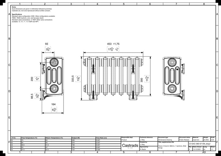 Grace - Anthracite Cast Iron Column Radiator H300mm x W454mm 4 Column - Wall Hung