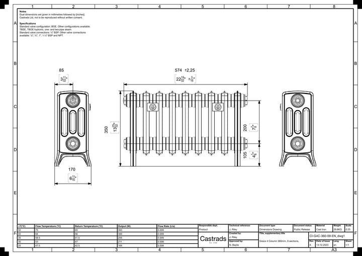 Grace - Anthracite Cast Iron Column Radiator H350mm x W575mm 4 Column - Floor Standing
