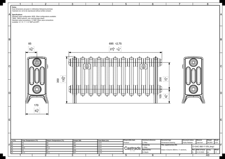 Grace - Ceramic White Cast Iron Column Radiator H350mm x W696mm 4 Column - Floor Standing