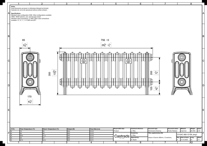Grace - Ceramic White Cast Iron Column Radiator H350mm x W756mm 4 Column - Floor Standing