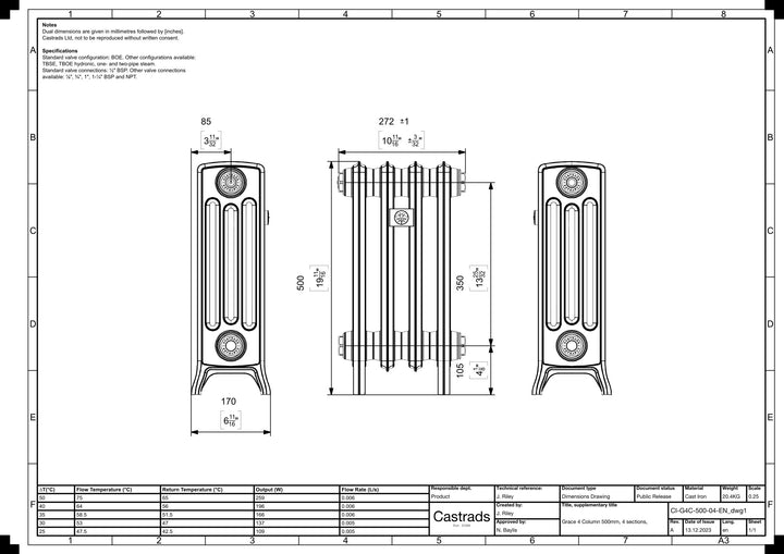 Grace - Ceramic White Cast Iron Column Radiator H500mm x W272mm 4 Column - Floor Standing