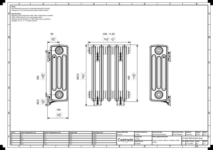 Grace - Black Iron Cast Iron Column Radiator H450mm x W333mm 4 Column - Wall Hung