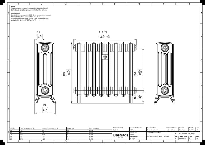 Grace - Ceramic White Cast Iron Column Radiator H500mm x W514mm 4 Column - Floor Standing