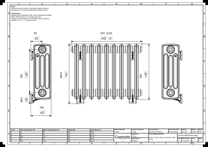 Grace - Black Iron Cast Iron Column Radiator H450mm x W575mm 4 Column - Wall Hung