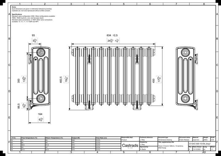Grace - Black Iron Cast Iron Column Radiator H450mm x W635mm 4 Column - Wall Hung