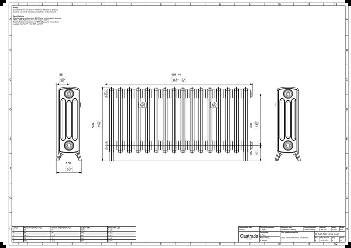 Grace - Anthracite Cast Iron Column Radiator H500mm x W998mm 4 Column - Floor Standing